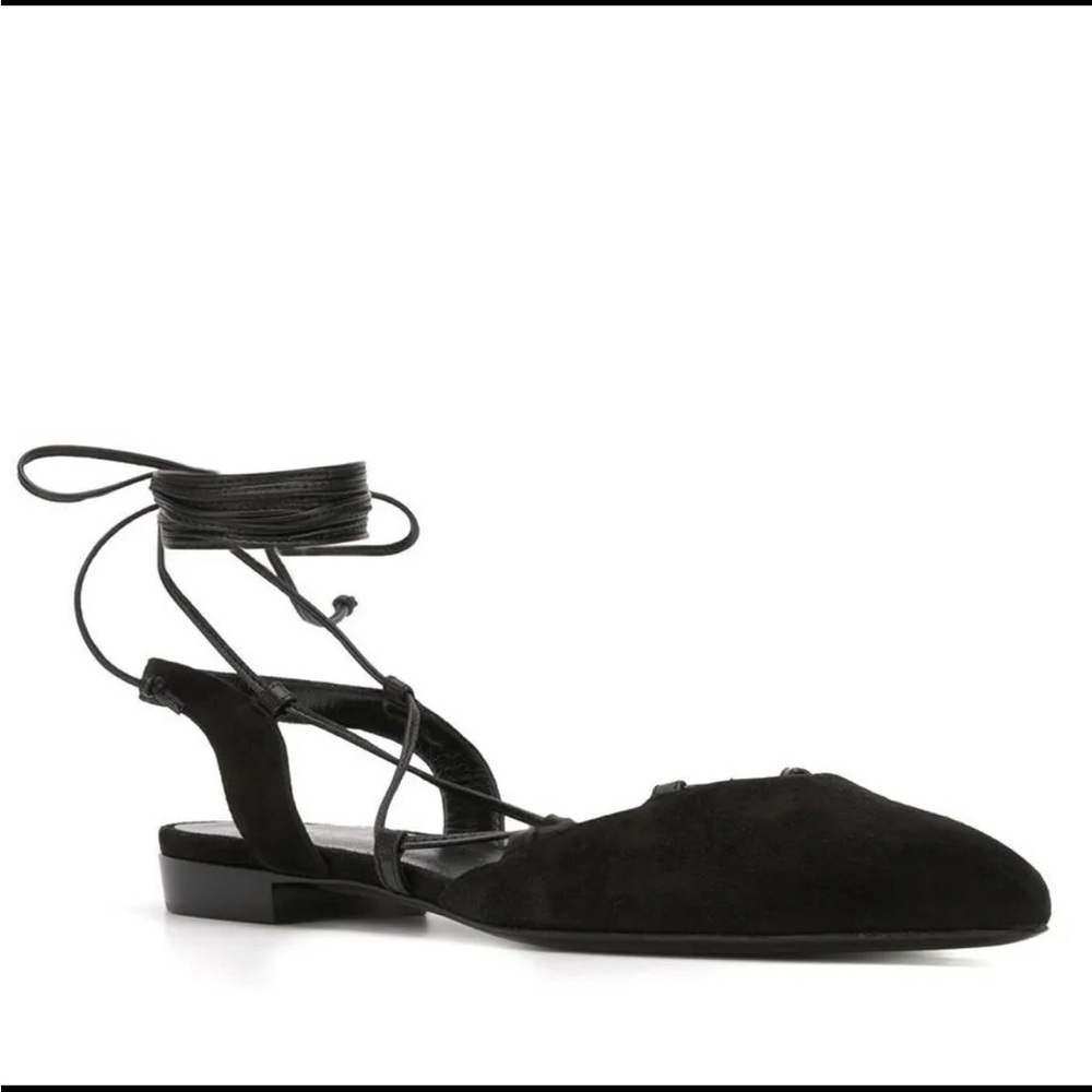Saint Laurent Black Suede Pointed Gladiator Flats Size 38.5